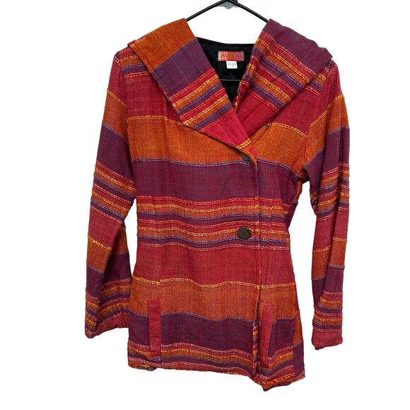 Boho Hippie Festival Hooded Jacket Avatar Nepal Striped Woven Cotton Folk Small - Picture 1 of 7